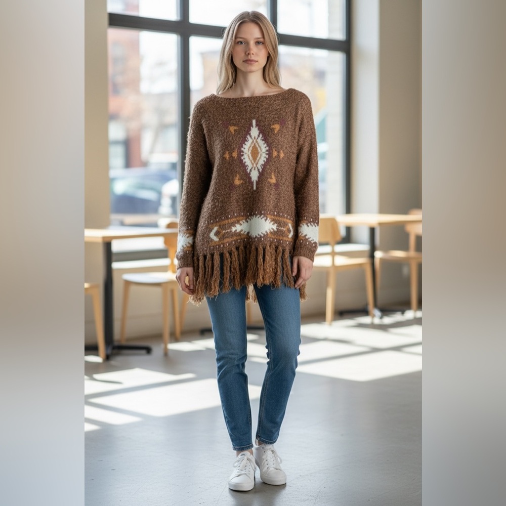 Powder River Outfitters Southwest Design Sweater With Fringe Size M